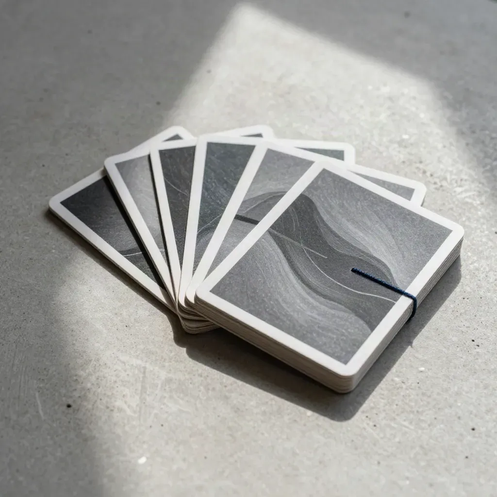 Graphite binder with fanned abstract cards on brushed stone under raking light