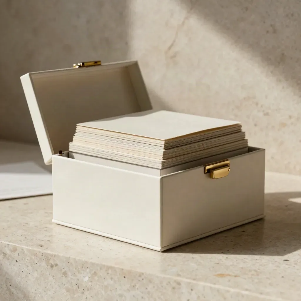 Open cream advisory box with brass edge bar on a stone plinth, softly lit.