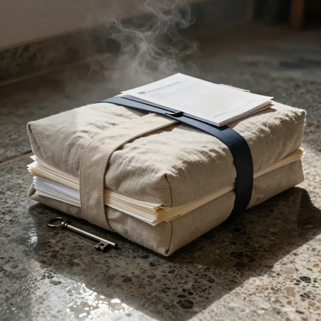 Linen-wrapped consulting folio half-open on wet stone with cool vapor and dramatic side light