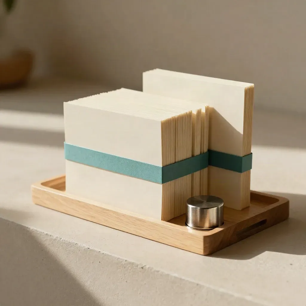 Cream growth-plan sections fanned on a pale wood tray with a brushed metal weight on warm plaster.