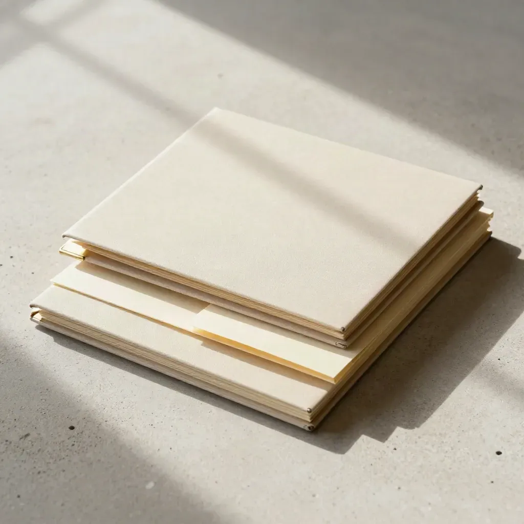 Three cream folders with a brass clip on pale concrete, shot from above.