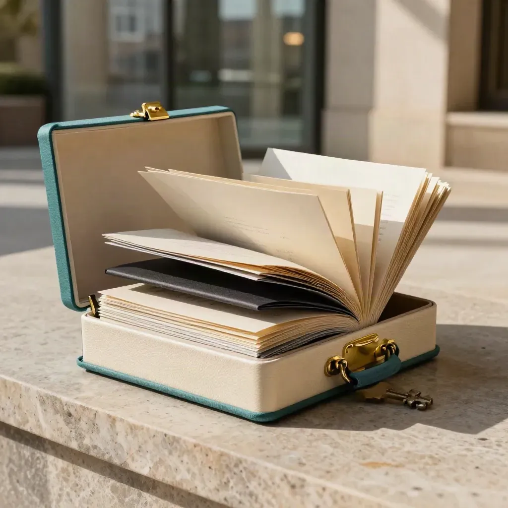 Cream launch bundle case with teal spine and gold clasp fanning open on a sunlit stone threshold.