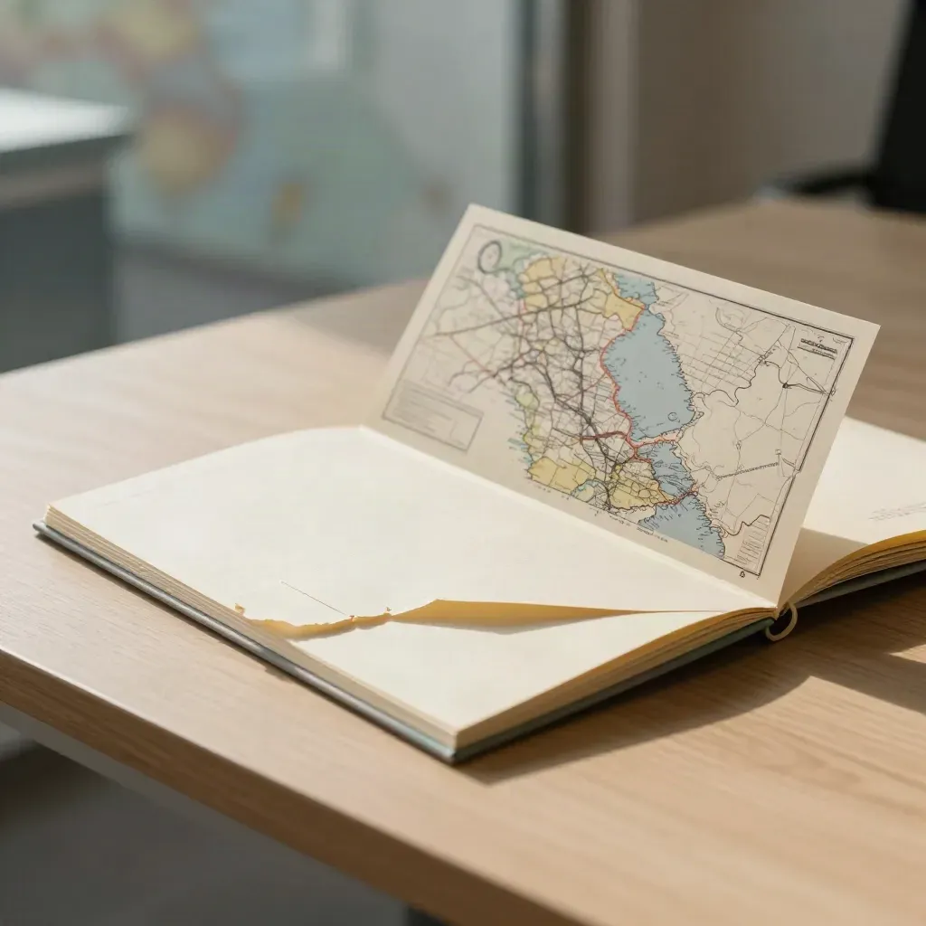 Country-fit dossier with folded map insert and tabs on pale wood in soft daylight.