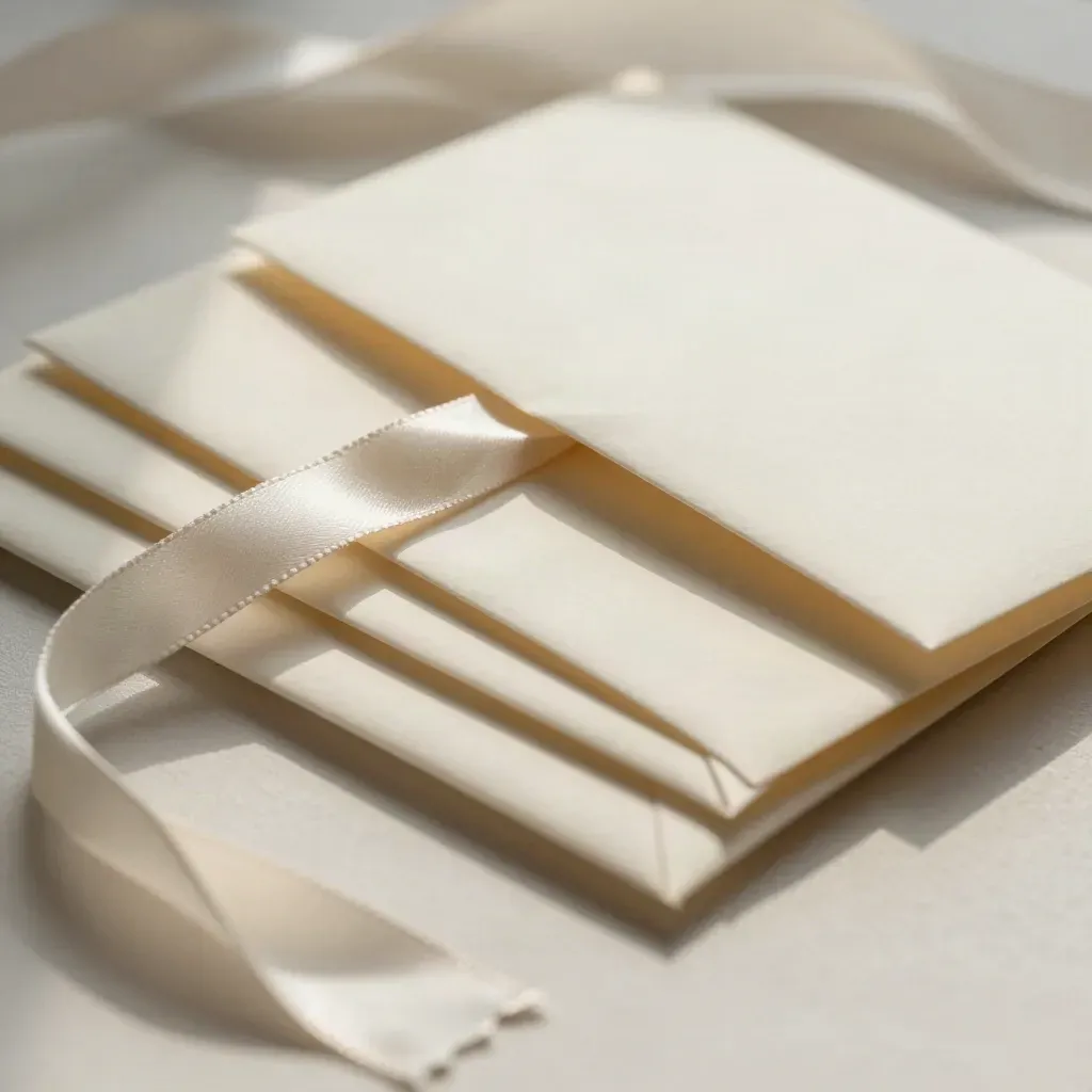 Extreme macro of a warm ivory partner intro pack with ribbon tie and envelopes on pale plaster.