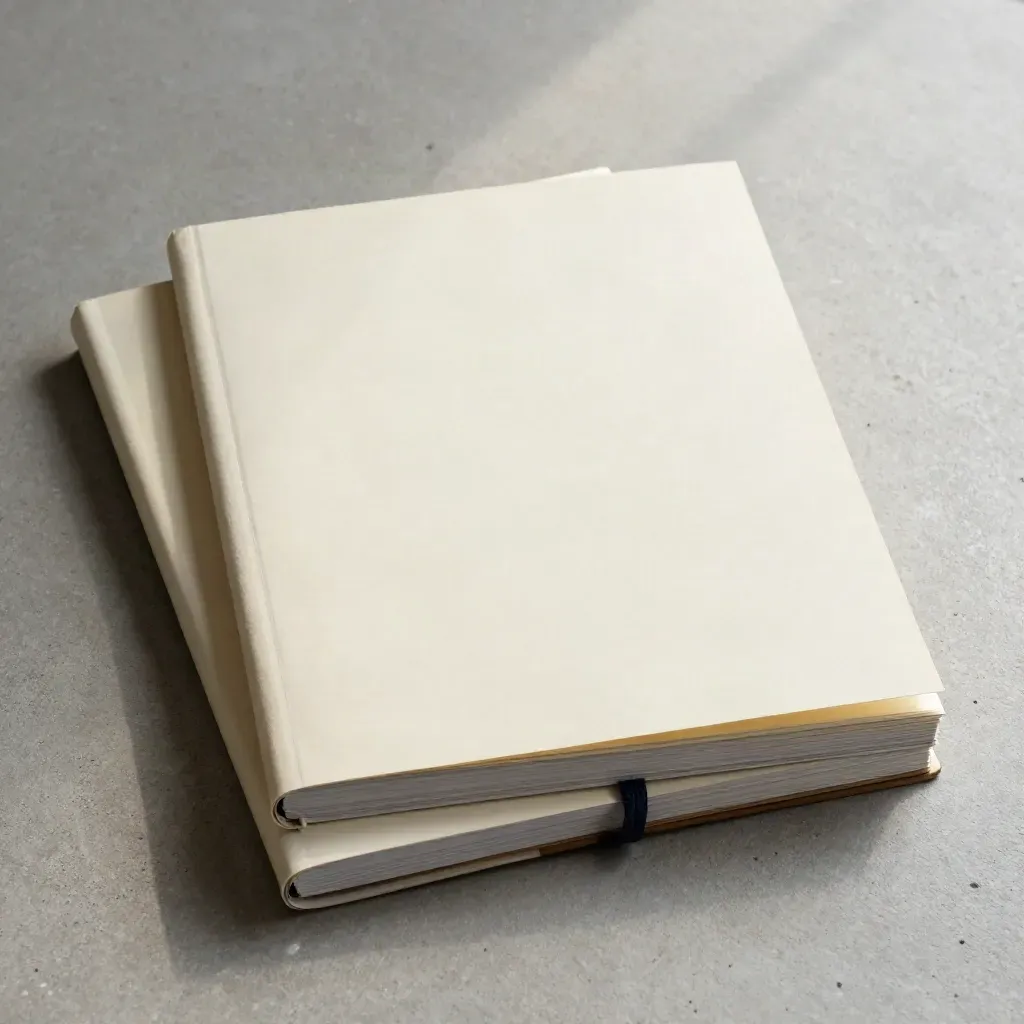 Cream checklist folio tied with navy cord on concrete, seen from above.