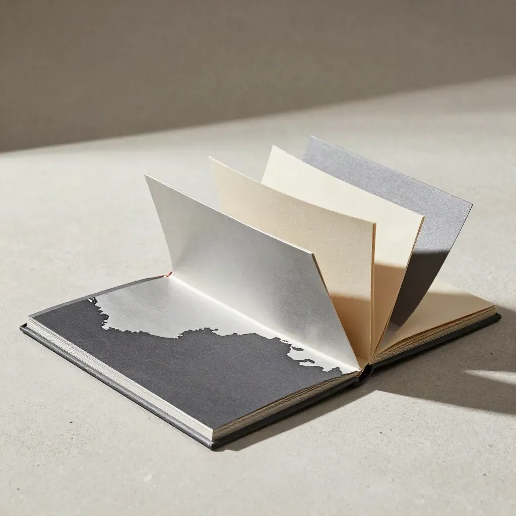 Graphite portfolio with three folded map inserts and a silver edge on pale concrete
